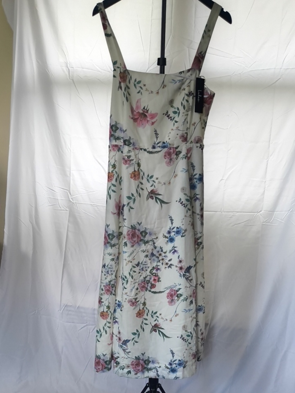 Lulu's Floral Square-Neck Midi Dress - Cream with Pink & Blue Flowers